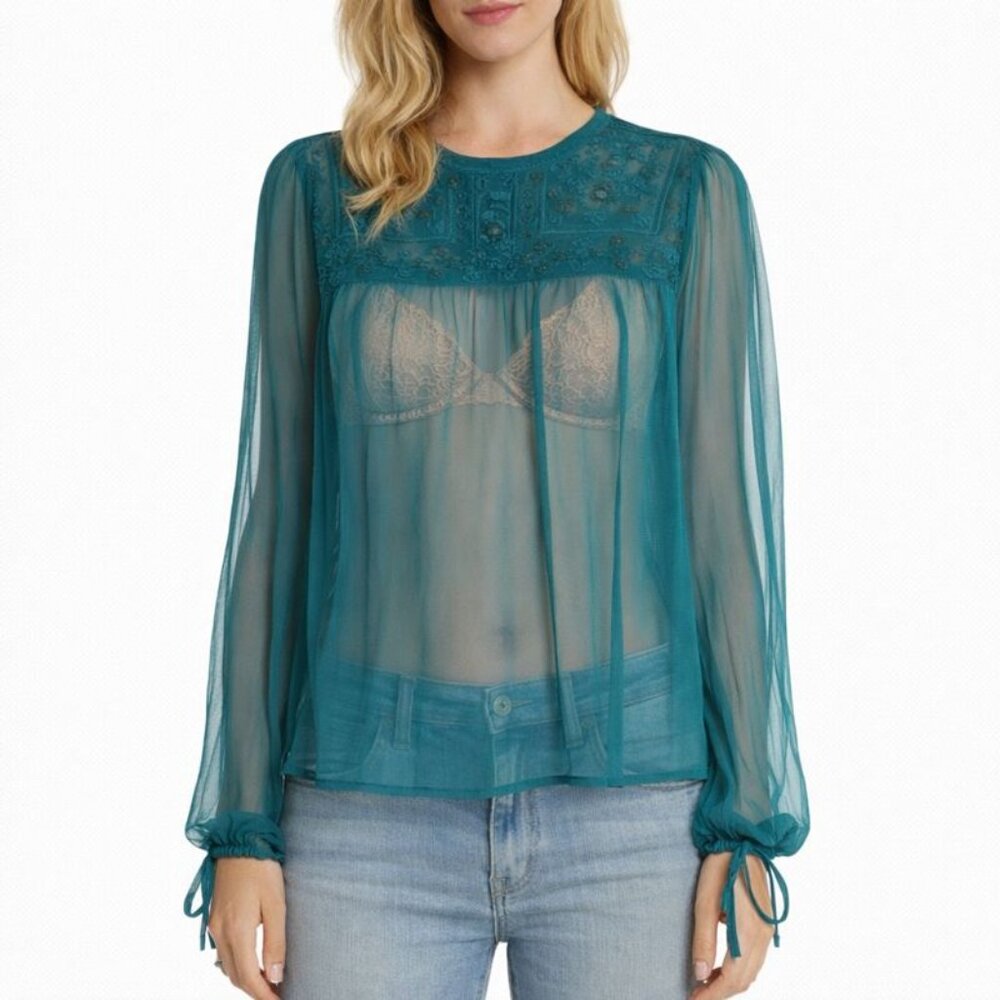 Free People Retro Femme Sheer Beaded Long Sleeve Blouse Turquoise FLAW size XS